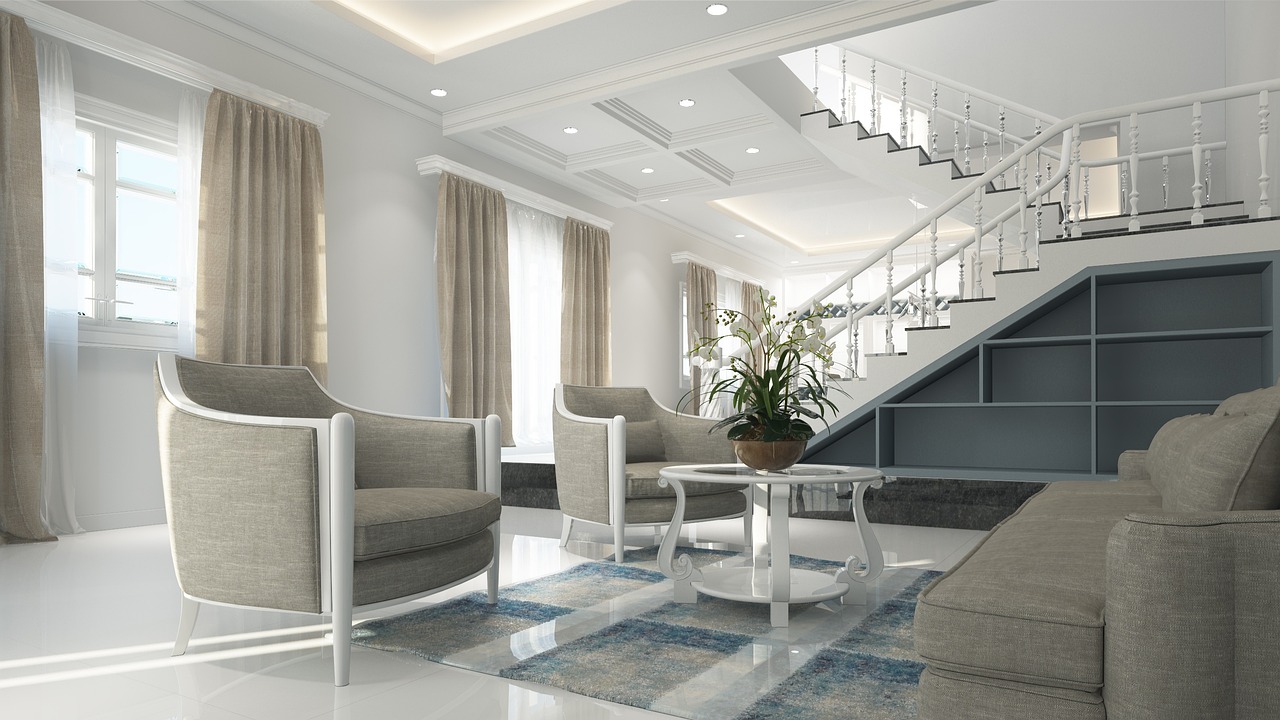 Modern asymmetrisch interieur met houten lambrisering. Modern asymmetrisch interieur met houten lambrisering.